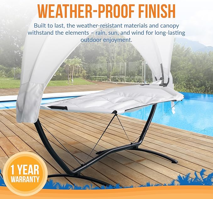 Island Retreat Sea Breeze Steel Frame Hammock Lounge Chair with Canopy - Luxury Shaded Hammock with Stand for Outside - Boho Style Beach Chair with Adjustable & Removeable Canopy - Black & Champagne