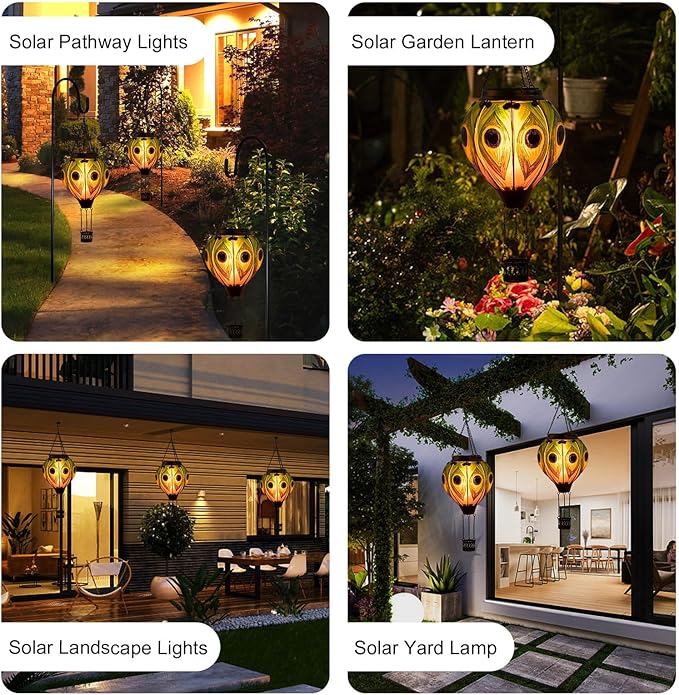 Peacock Hot Air Balloon Hanging Solar Lantern Lights, Flickering Flame Solar LED Candle Lights Outdoor Garden Decorative Metal & Glass Waterproof Lanterns for Yard Patio Farmhouse Decoration