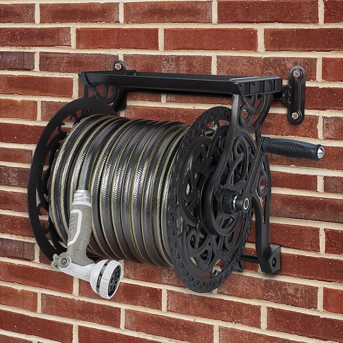 Metal Decorative Garden Hose Reel, Heavy Duty Hose Holder for Outside, Aluminum Frame, No-Leak Aluminum Water System, Easy Assmbly, Wall Mount, Holds 135 ft x 5/8" Hose Storage, Dark Bronze
