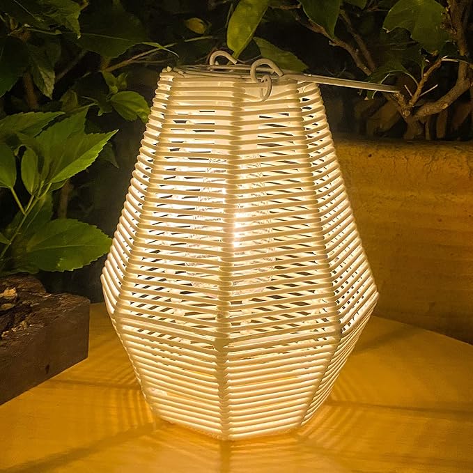 Outdoor Solar Lantern Hanging Decorative Rattan Lanterns with Handle White Large Solar Table Lamp Waterproof for Patio Garden Wedding Home Decor