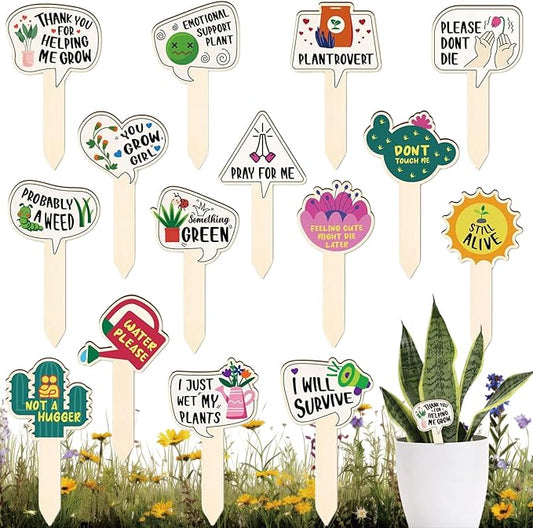 Funny Wooden Plant Labels - 15 Pack Tags for Succulents, Flowers, Greenery; Waterproof, Outdoor Garden Plant Markers; Perfect Gifts for Plant Lovers