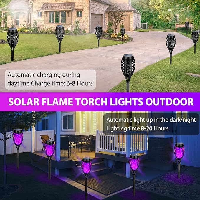 Solar Lights Outdoor, Upgraded 12 Pack Purple Solar Torch Light with Flickering Flame Waterproof for Garden Decor, Flame Torches for Outside Landscape Porch Yard Pathway Decorations
