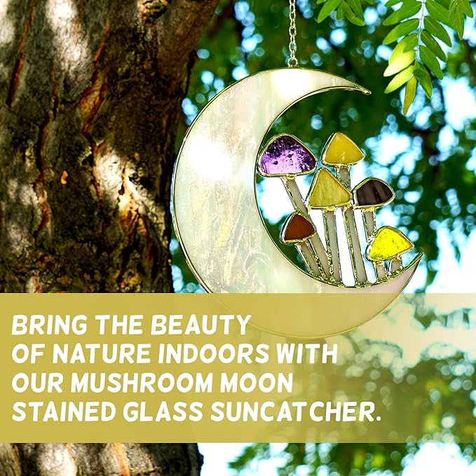 Sensory4U Mushroom Moon Stained Glass Suncatcher - Earth Tone Modern Window Hanging Wall Art - Home Decor or Garden Suncatcher for Natural Light Reflection