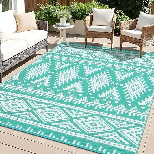 OLANLY Outdoor Rug Waterproof 10x14 ft, Reversible Outdoor Plastic Straw Rug, Boho Patio Rug, Indoor Outdoor Carpet, RV Mat Outside for Patio, Camp, Picnic, Balcony, Deck, Backyard, Turquoise & White