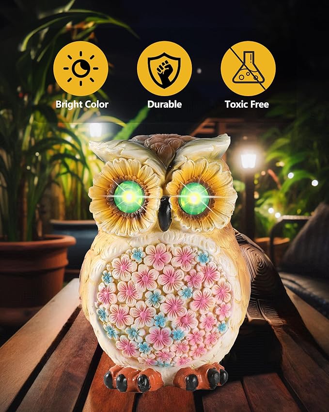 Hand-Painted Resin Owl Figurine with Glow-in-The-Dark Eyes, Solar-Powered Garden Decor 5.5'' Lawn Ornaments Statue Gardening Gifts for Outside Yard Art Patio (Owl)