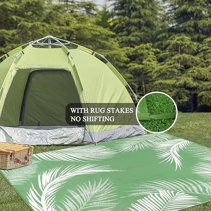 Pauwer Waterproof Outdoor Rug 8x10, Reversible Plastic Straw Patio Camping Rug, Indoor Outdoor RV Mat Carpet for Deck, Camper, Porch, Balcony, Backyard, Picnic, Leaf Green