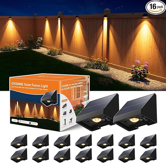 16 Pack Decorative Solar Powered Fence Lights Outdoor Waterproof with Warm White LED Spot Lens, for Outside Wall, Deck, Patio, Yard, Rail, Garage, Pool, Designed for Enhanced Security, Easy Install