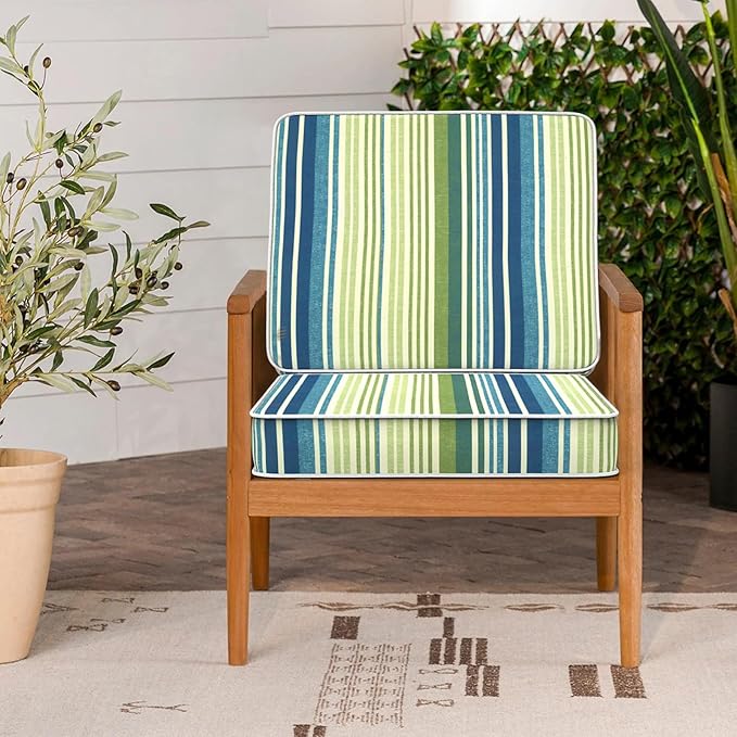 LVTXIII Patio Chair Cushions 22"x22"x3", Water-Repellent Outdoor Seat Cushions for Patio Furniture, Square Chair Pads with Ties for Home Garden Decoration, Set of 2, Stripe Blue Green
