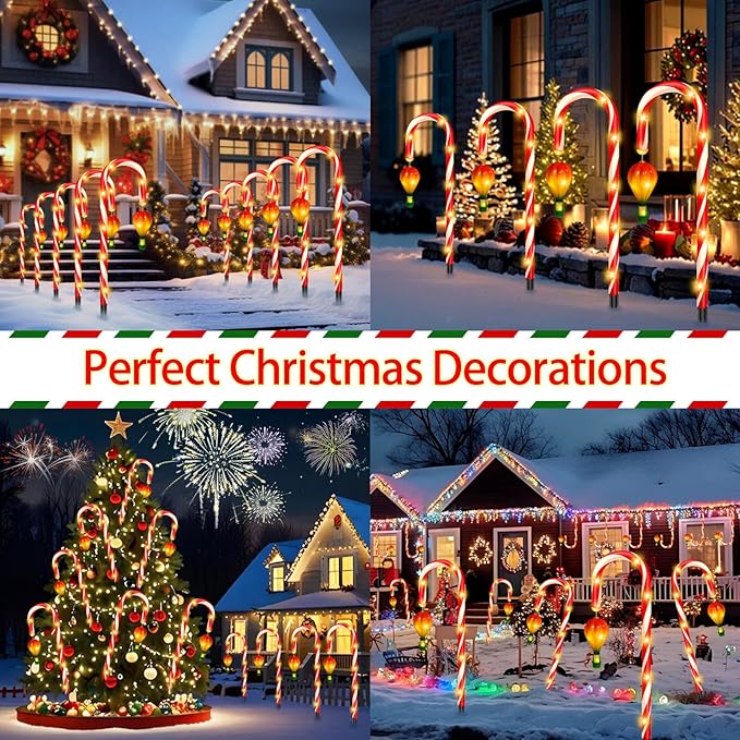 12 Pack Outdoor Solar Christmas Decorations, 180 Bright LED Solar Candy Cane Christmas Lights 8 Lighting Modes, Waterproof Outside Xmas Decorations with Lantern Decor Lights for Pathway Yard Garden