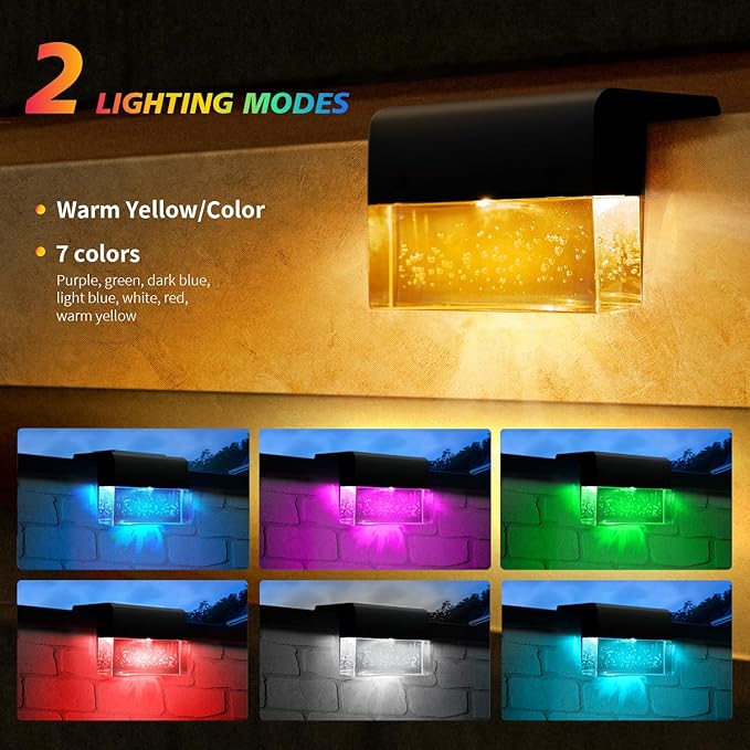 4 Pack Solar Fence Lights, 2 Lighting Modes Step Lights Outdoor, Acrylic Bubbles LED Super Bright Waterproof Solar Deck Light for Outside Stair Fence Step Pool Backyard Decor (Warm White/7 Color)