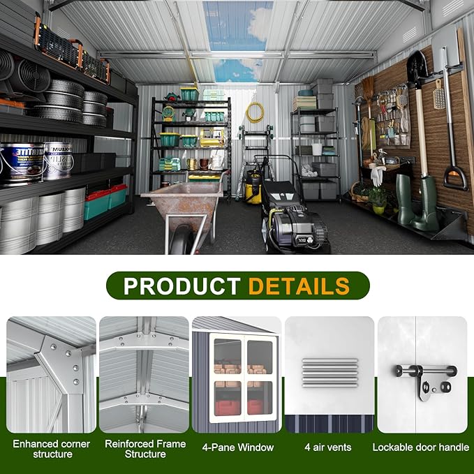 12x10 FT Metal Sheds & Outdoor Storage: Heavy Duty Garden Sheds with Dual Transparent Panels, 2x4-Pane Windows & Hinged Double Doors, Weatherproof Tool Shed for Backyard, Garden, Patio, Grey/White