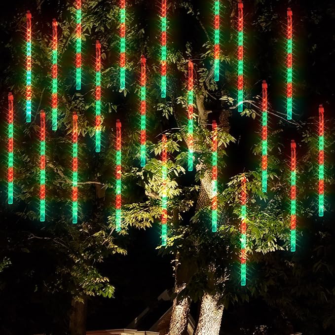 Dazzle Bright Red and Green Christmas Lights, 288 LED 11.8 Inch Meteor Shower Rain Lights with 8 Tubes, Waterproof Plug in Falling Rain Lights Christmas Decorations for Xmas Bushes Tree Yard Party
