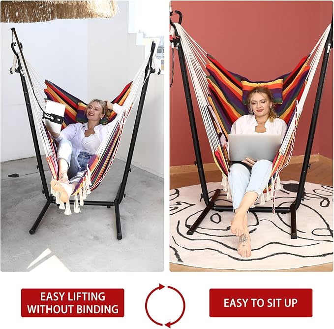 ZEYU Hammock Chair with Stand Double Hammock Chair Bohemian Style with Tassel Mobile Phone Support Manual Adjustable Swing Indoor and Outdoor Garden Porch with Floor mat Reclining Capacity 400 pounds