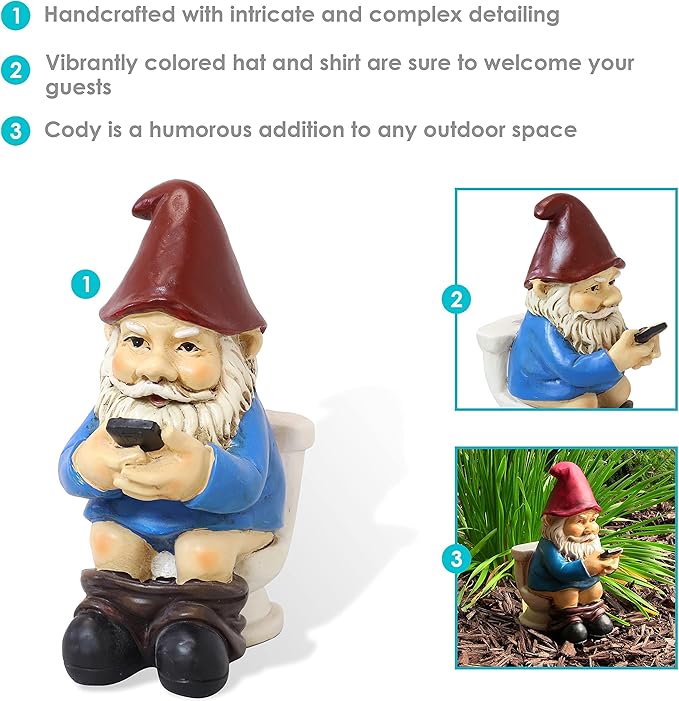 Sunnydaze 9.5-Inch Cody The Garden Gnome on The Throne Reading His Phone - Funny Lawn Decoration