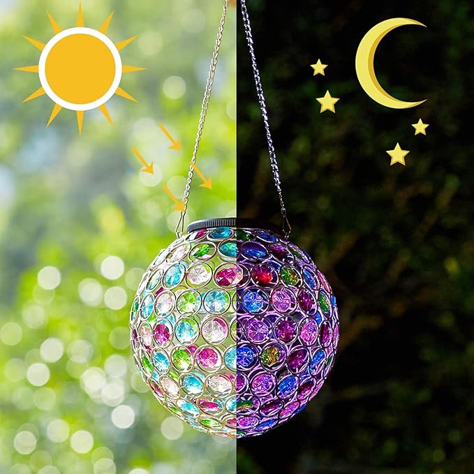 Solar Lantern Hanging Outdoor Christmas Decorative, Dual LEDs Color Changing and Cool White Crystal Globe Lamp Hanging Light Waterproof with S Hook Decor in Garden, Pathway, Front Door- Multi Color