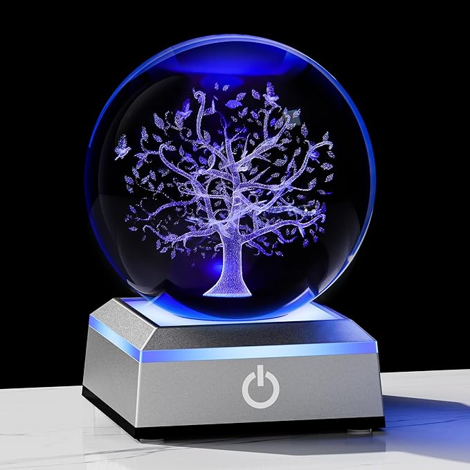 Qianwei 3D The Tree of Life Crystal Ball with LED Colorful Lighting Touch Base,Flower of Life Meditation Chakra Grid Night Light, Sacred Geometry Art Symbol for Spiritual Decor