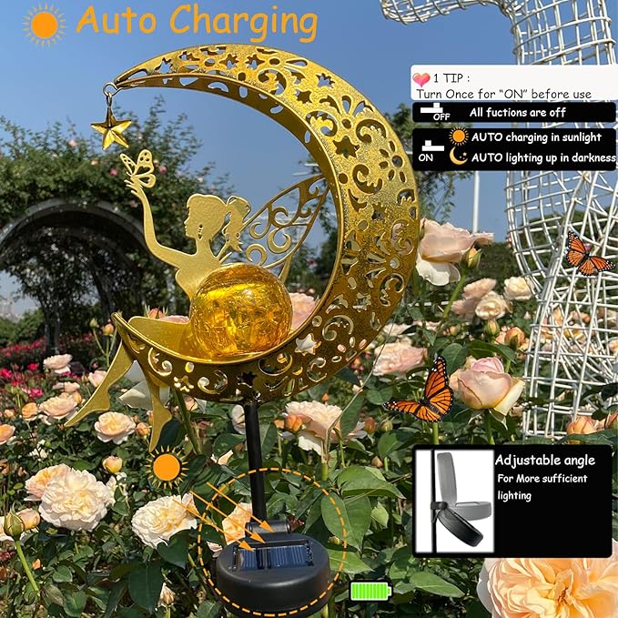 Solar Fairy Garden Decor for Outside,Solar Garden Lights Outdoor Decorative,Patio Fairy Garden Statues Decor,Yard Decor,Lawn Ornaments,Metal Yard Art,Unique Angel Gifts for Women,1PC