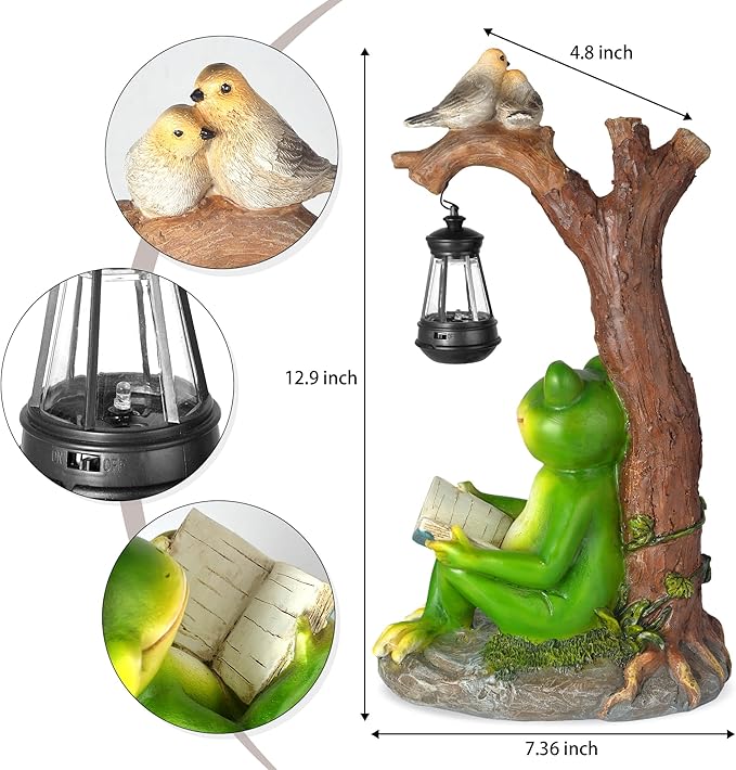Outdoor Funny Frog Statue, Resin Reading Frogs Garden Decor, Solar Frog Gift Sculpture Decoration for Home Patio, Yard, Lawn, Porch, Ornament