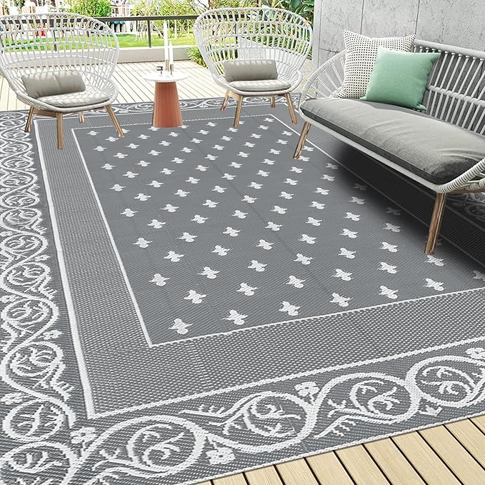 Pauwer Waterproof Outdoor Rug 8x10, Reversible Plastic Straw Patio Camping Rug, Indoor Outdoor RV Mat Carpet for Deck, Camper, Porch, Balcony, Backyard, Picnic, Bordered Grey