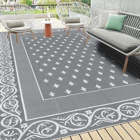 Pauwer Waterproof Outdoor Rug 8x10, Reversible Plastic Straw Patio Camping Rug, Indoor Outdoor RV Mat Carpet for Deck, Camper, Porch, Balcony, Backyard, Picnic, Bordered Grey