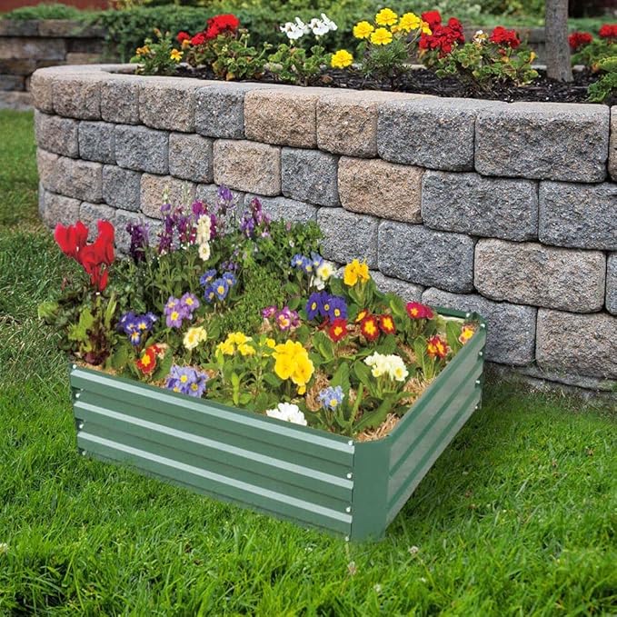 4x4x1ft Metal Raised Garden Bed Kit，Galvanized Garden Bed Box for Vegetables, Flowers, Herbs, and Succulents,120 Gallon Capacity - Green