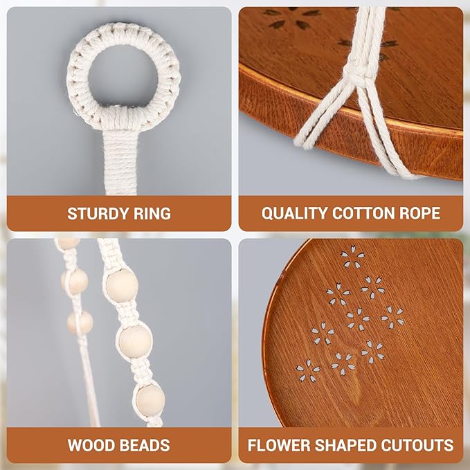 SUREAM 2 Packs Hanging Planters Holder, Hanging Plant shelf with Wood Beads and Wood Tray for Indoor Outdoor Boho Home Decor, Ceiling Plant Hangers for Garden, Wall, Porch, Patio, Balcony, and Window