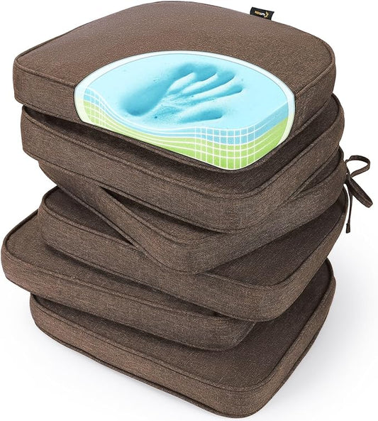 SUNROX Gel Memory Foam Chair Cushions, FadeShield Water-, Stain-Resistant Durable Reversible Seat Cushion Pads with Ties for Indoor/Outdoor Kitchen Dining Office 17"x16" Set of 6, Heather Chestnut