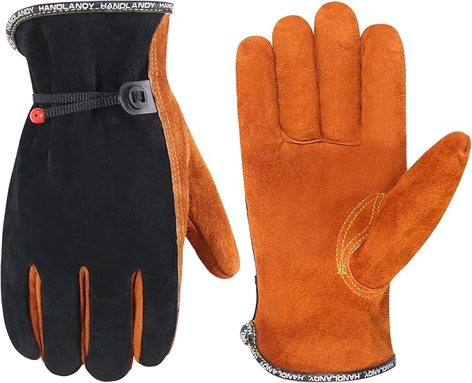 HLDD HANDLANDY Leather Work Gloves for Men & Women, Adjustable Wrist Cowhide Gardening Glove with Reinforced Palm for Driver