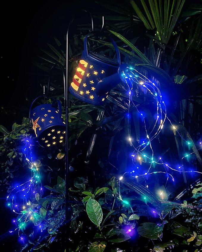 Solar Watering Can with Colorful Lighting, Waterproof Garden Decor, Birthday Gifts for Mom Grandma (Flag, 32 inch Shepherd Hook)