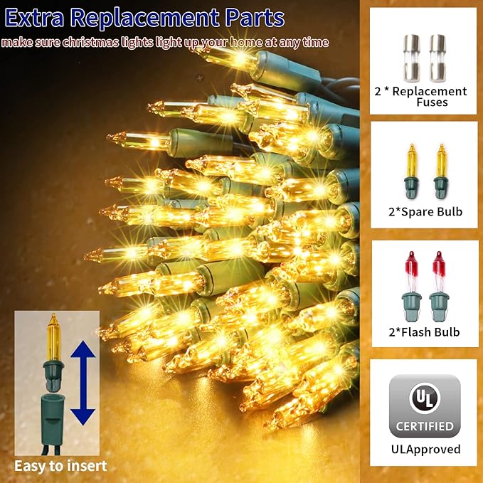 Ultra-Bright Connects End to End Yellow Christmas Mini Lights 100L 19.6Ft UL Listed Incandescent Bulb String Light Set for Indoor Outdoor Holiday Garden Party Christmas Tree Garland Decor