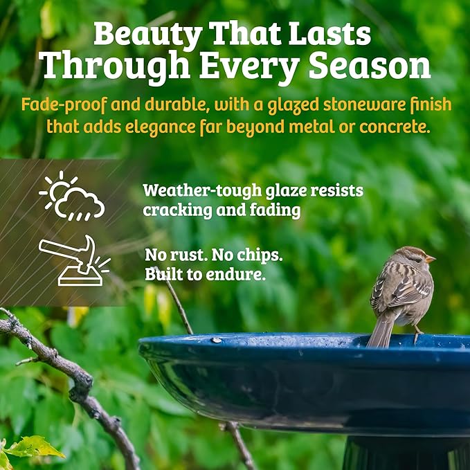 Birds Choice Ohio Stoneware Bird Bath | Pedestal Bird Bath, Stable Locking Top | Weather-Resistant Ceramic Clay, Glazed Finish | Outdoor Garden & Patio Decor | 22" H x 17" D, Summer Blue