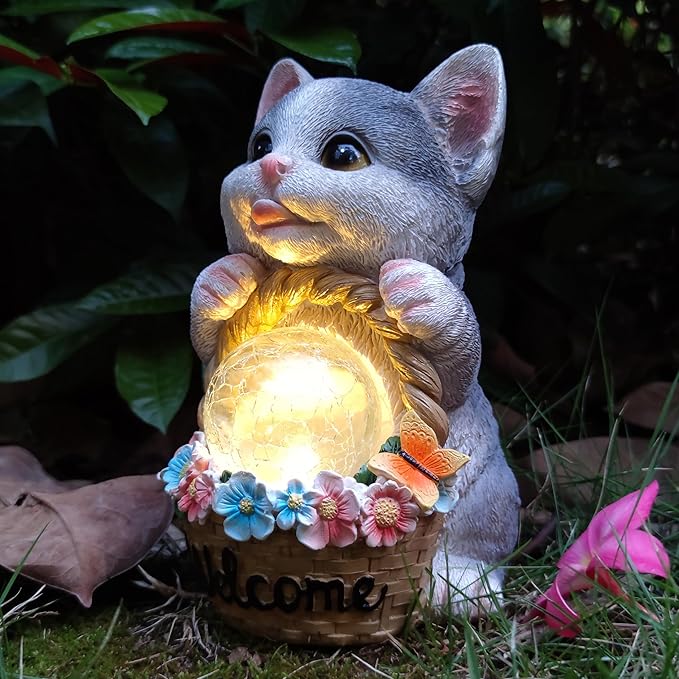 Solar Cat Garden Outdoor Statues,Resin Cat Figurine Carrying Flower Basket and Magic Orb with Solar LED Lights, Lawn Decor Outdoor Statue for Patio, Balcony, Yard Ornament,Gifts for Mom