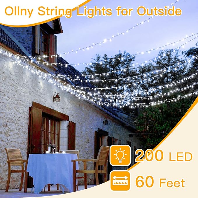 Ollny Outdoor String Lights 200LED 60FT, Cool White Connectable Plug in Fairy Light, 8 Modes Waterproof Timer Christmas Lights for Indoor Outside Bedroom House Party Wedding