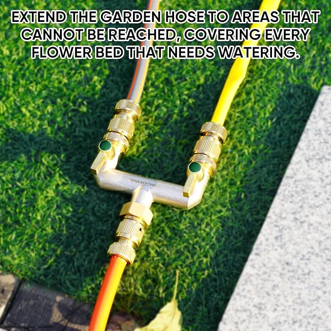 Heavy Duty Brass Garden Hose Splitter, 2-Way Faucet Splitter with 2 Extended Metal Handles, Outdoor Hose Splitter, GHT 3/4-Inch Heavy Duty Hex Female Inlet and 3/4-Inch Male Outlet, Nickel Plated