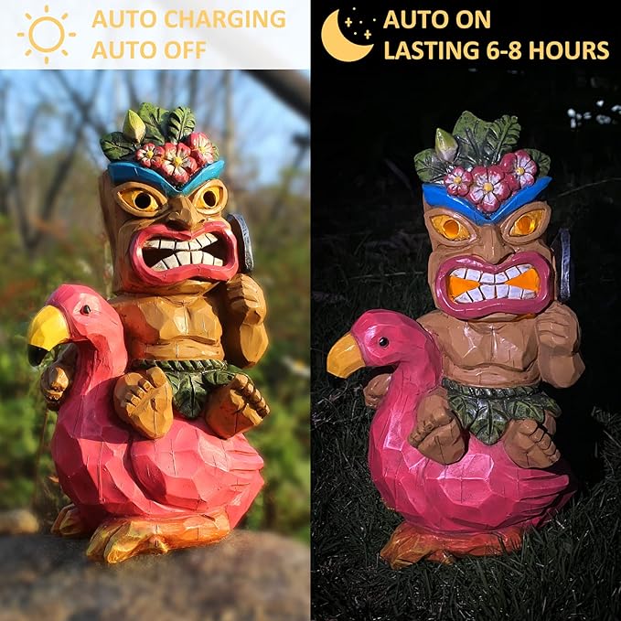 Solar Tiki Statue Flamingos Decor - Tiki Decorations Outdoor for Bar, Patio, Balcony, Yard,Lawn Ornament
