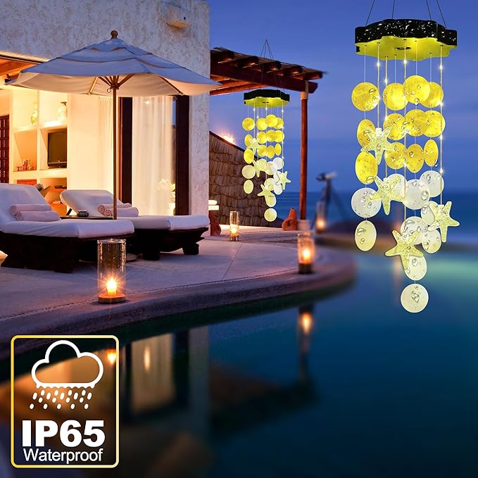 Solar Wind Chimes for Outside, Yellow Shell Gifts for Mom Grandma Women, Waterproof Solar Outdoor Decorative Mobile Lights for Garden, Yard, Patio, Window, Party, Outdoor Decorations