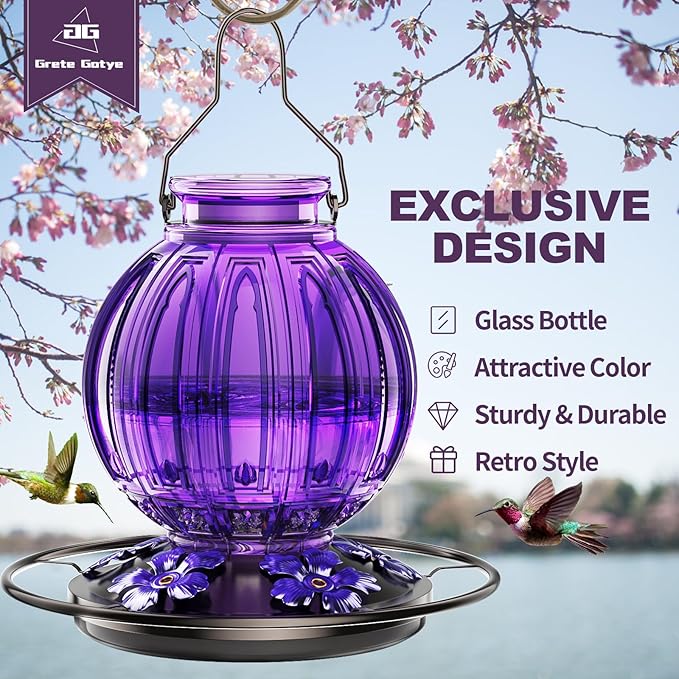 Glass Hummingbird Feeder for Outdoors Hanging, Bird Nectar Feeder with Perch & 5 Flower Feeding Ports, 26 Oz Leak Proof for Outside Garden Decor Backyard, Gifts for Women Mom, Purple