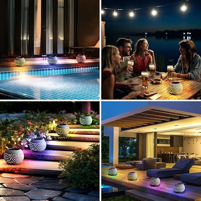 Reginary 2 Pcs Solar Table Lantern Outdoor Waterproof Dancing Flashing Flame 7 Color 2 Modes Metal Tabletop Light Desktop Decorative Lamp Auto On/Off Lighting for Patio Garden Pathway Yard (White)