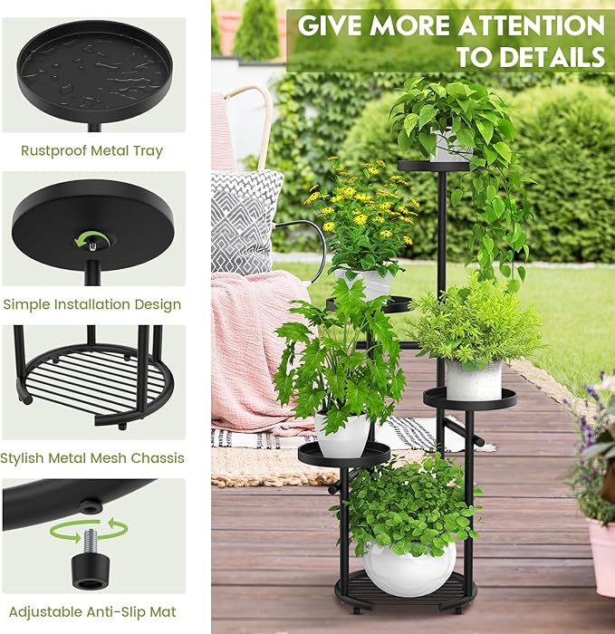TOSKING 5 Tier Tall Plant Stand Indoor Outdoor, Heavy Duty Corner Plant Stand with Space-Saving Plant Shelf for Multiple Plants| Round Plant Table Design for Living Room Balcony Garden (Black, 38in)