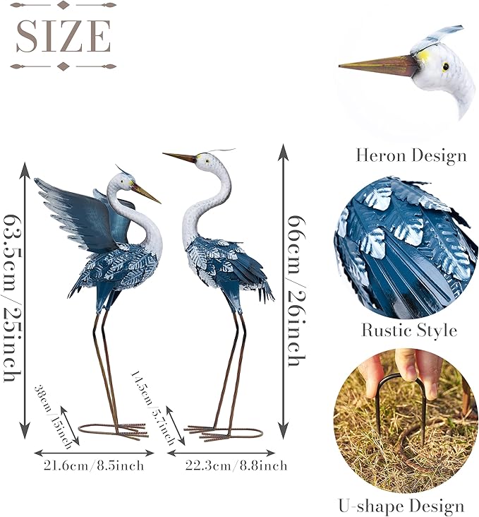 TERESA'S COLLECTIONS Yard Decorations Outdoor Garden Statues, Blue Metal Crane Yard Art, 25-26inch Lawn Ornaments for Backyard, Outside Porch, Patio, Wedding Decor,Set of 2,Spring Decor,Gifts for Mom