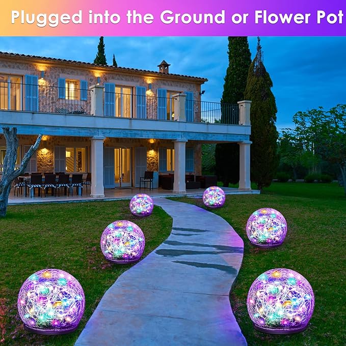 Solar Garden Lights - 2 Pack 80 LED Multi-Color Cracked Glass Outdoor Decorative Lights for Yard, Pathway, Patio, Lawn & Christmas Decor - 5.9"