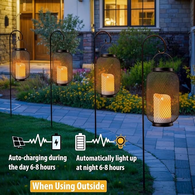 Solar Lanterns Outdoor Waterproof, Flickering Flameless Candle Hanging Lantern, Rechargeable Table Lantern for Patio with Timer Dimmer, Decorative Lamp for Outside Garden Porch or Indoor Decor-2Pack