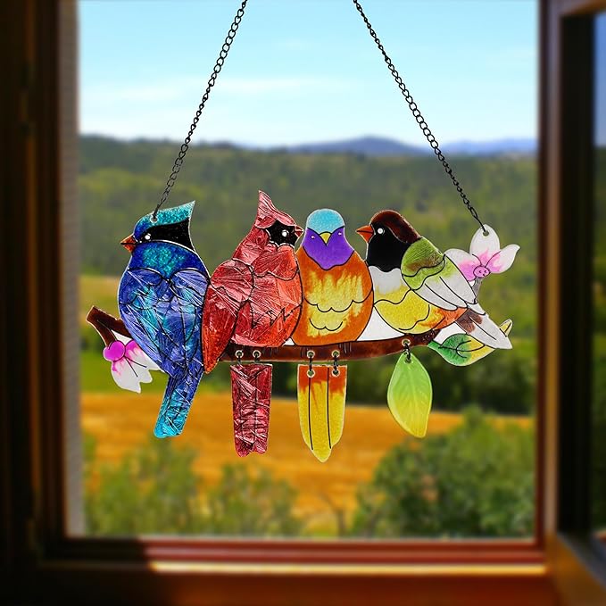 Stained Glass Window Hanging, Birds on A Branch Stain Glass Suncatcher, Hand-Painted Sun Catchers Indoor Window Decoration Bird Lover Gift for Mom, Grandma, Stocking Stuffers for Women