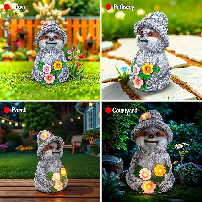 Solar Garden Outdoor Statues Sloth with 4 LED Lights,Lawn Decor Sloth Statue for Patio,Balcony,Yard,Lawn Ornament,Unique Gifts for Mom Grandma
