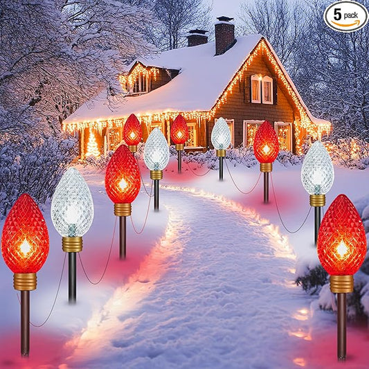 Brightown Strawberry Super Jumbo C9 Christmas Pathway Lights Outdoor - 11 Feet 5 LED Jumbo C9 Pathway Lights, Giant Christmas Lights Outdoor Decorations for Lawn Holiday Yard Outside, Red & White