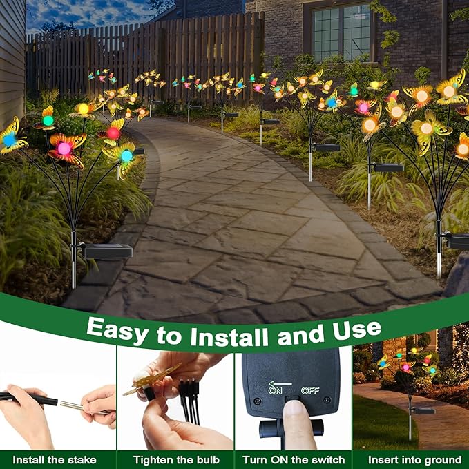 Butterfly Solar Garden Lights - Newest 12 LED Firefly Butterflies Bees Solar Outdoor Lights Swaying Butterfly Light for Yard Patio Pathway Decoration (Multi-Colour)