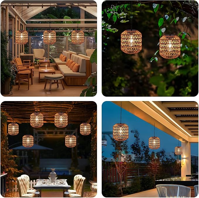 Solar Pendant Light Outdoor,Chandelier Hanging Lantern with Edison Bulb,Boho Solar Powered Lamps IP44 Waterproof for Gazebo Tree Porch Yard Porch Patio Garden Backyard Decorative