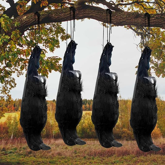 Lewtemi 4 Pcs 17 Inch Realistic Hanging Dead Crows Decoy Life Size Black Feathered Crow Fake Black Crows for Garden Decorations