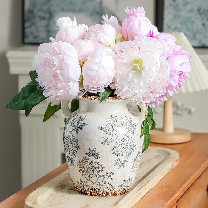 Enra Vintage vase with Handle,Blue and White Ceramic Decorative Flower vase, Chinoiserie Floral Vase,Large Rustic Vases for Home Decors, Living Room, Bookshelf, Office,7.8 in