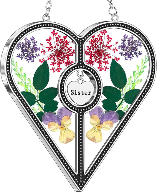 KY&BOSAM Heart Suncatcher Sister Stained Glass for windsows Hanging Wind Chimes with Pressed Real Flower Heart in Glass with Metal Trim Heart Charm Birthday Gift for Sister Mothers Day Christmas Decor